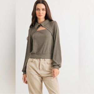 Gilli-Olive Ribbed Cut-Out Front Collared Sleeve Top